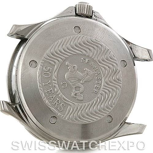 The image shows the back case of an Omega Seamaster 2534.50 Men
s Stainless Steel Black Dial 2534.50 Men
s Stainless Steel Black Dial watch viewed from an angle.