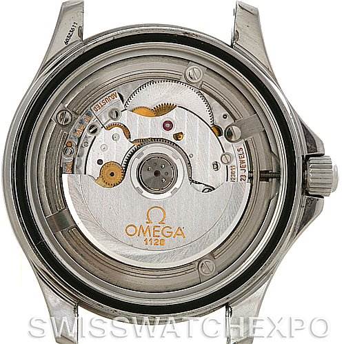 The image shows the back view of the Omega Seamaster 2534.50 Men
s Stainless Steel Black Dial 2534.50 Men
s Stainless Steel Black Dial watch, highlighting its exposed mechanical movement and inner components.