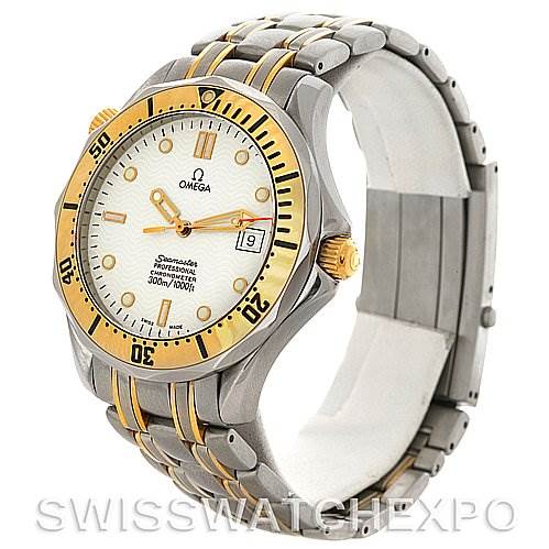 The Omega Seamaster Men's Steel and Gold (two tone) White Dial Men's Steel and Gold (two tone) White Dial watch is shown at a front/side angle, highlighting its two-tone bracelet, bezel, and dial with date display.