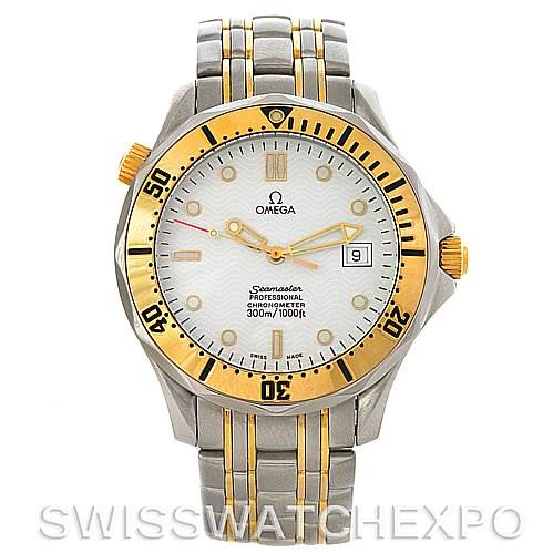 The image shows a front view of the Omega Seamaster Men's Steel and Gold (two tone) White Dial Men's Steel and Gold (two tone) White Dial watch, displaying its dial, case, bezel, and bracelet.