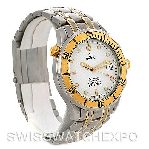 The image shows a side angle of the Omega Seamaster Men's Steel and Gold (two tone) White Dial Men's Steel and Gold (two tone) White Dial watch, highlighting the face, bezel, crown, and bracelet.