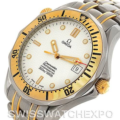 This image shows the front view of an Omega Seamaster Men's Steel and Gold (two tone) White Dial Men's Steel and Gold (two tone) White Dial watch, highlighting the dial, bezel, bracelet, and crown.