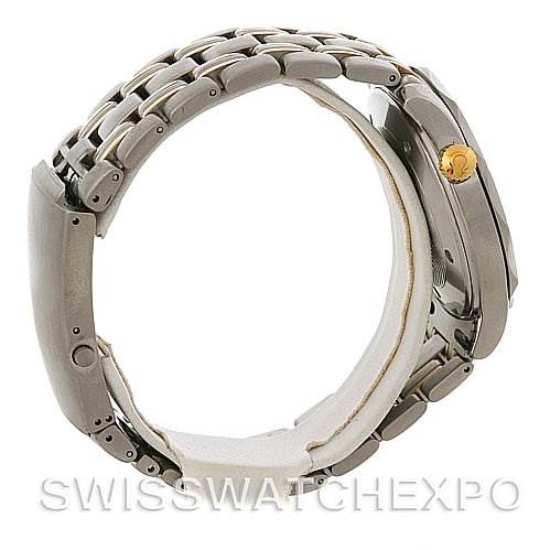 The image shows a side angle of an Omega Seamaster Men's Steel and Gold (two tone) White Dial Men's Steel and Gold (two tone) White Dial watch, highlighting the metal bracelet and crown with the Omega logo.