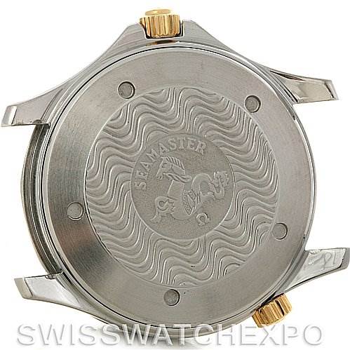 This image shows the back case of an Omega Seamaster Men's Steel and Gold (two tone) White Dial Men's Steel and Gold (two tone) White Dial watch, featuring the embossed logo and wave pattern, as well as the crown and the lugs.