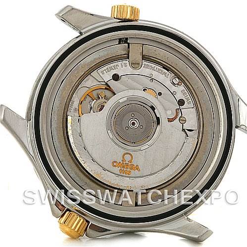 This image shows the back view of the Omega Seamaster Men's Steel and Gold (two tone) White Dial Men's Steel and Gold (two tone) White Dial, displaying its internal mechanical movement.