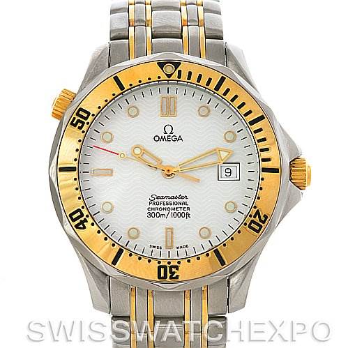This image shows the front view of an Omega Seamaster Men's Steel and Gold (two tone) White Dial Men's Steel and Gold (two tone) White Dial watch, highlighting its dial, bezel, bracelet, and crown.