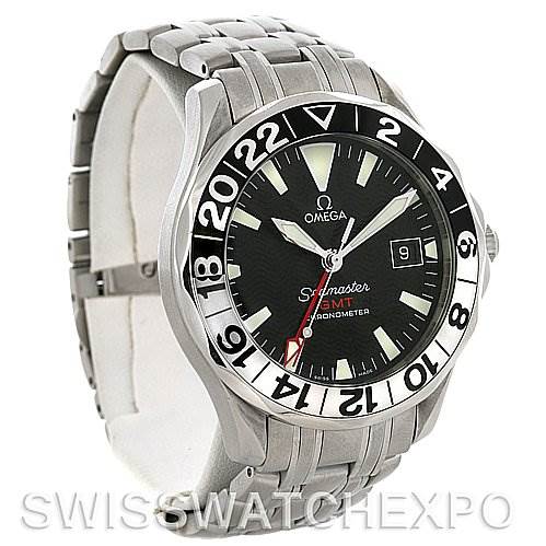 The image shows the Omega Seamaster 2534.50 Men
s Stainless Steel Black Dial 2534.50 Men
s Stainless Steel Black Dial watch from an angled front view, displaying the face, bezel, and stainless steel bracelet.