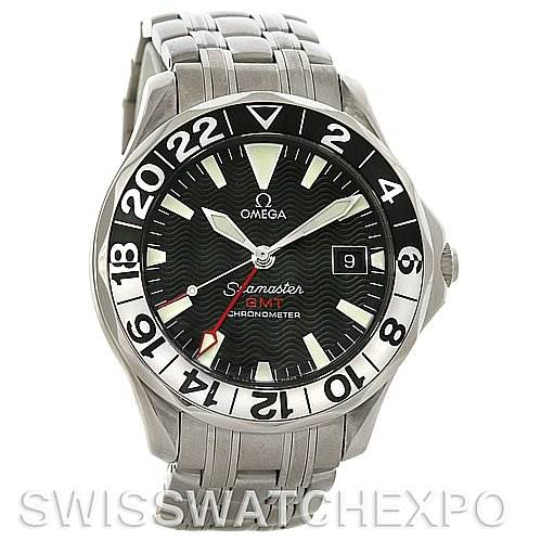 The image shows the front view of an Omega Seamaster 2534.50 Men
s Stainless Steel Black Dial 2534.50 Men
s Stainless Steel Black Dial GMT Chronometer watch, displaying its face, bezel, and bracelet.
