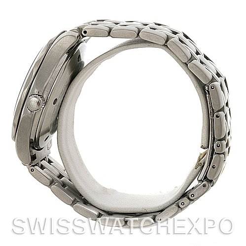 The image shows a side view of the Omega Seamaster 2534.50 Men
s Stainless Steel Black Dial 2534.50 Men
s Stainless Steel Black Dial watch, highlighting its stainless steel case and bracelet.