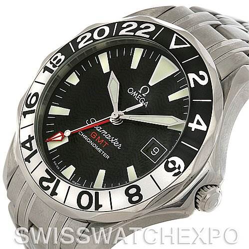 The image shows a frontal angled view of an Omega Seamaster 2534.50 Men
s Stainless Steel Black Dial 2534.50 Men
s Stainless Steel Black Dial watch, highlighting its black dial, date window, and stainless steel bracelet.