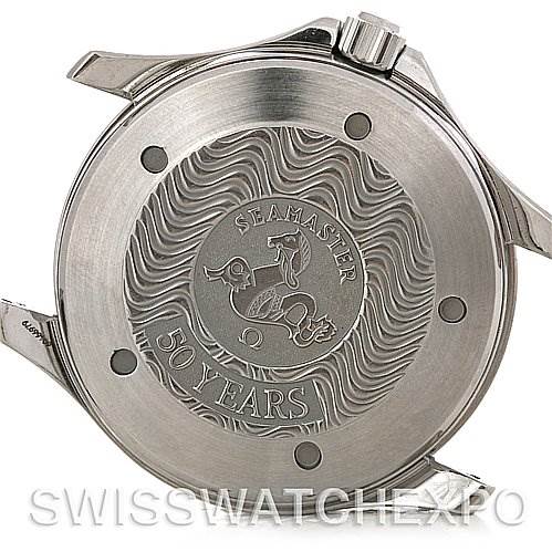 The image shows the back case of an Omega Seamaster 2534.50 Men
s Stainless Steel Black Dial 2534.50 Men
s Stainless Steel Black Dial watch, displaying an engraved design commemorating "50 years."