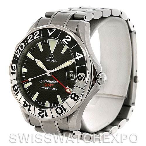 The image shows an Omega Seamaster 2534.50 Men
s Stainless Steel Black Dial 2534.50 Men
s Stainless Steel Black Dial GMT Chronometer watch photographed at an angle displaying the face, bezel, crown, and bracelet.
