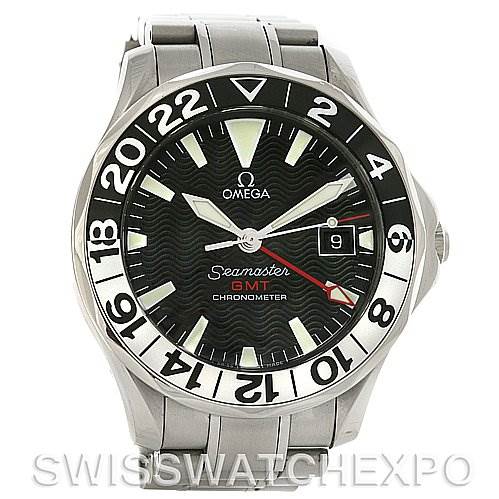 The image shows a front view of the Omega Seamaster 2534.50 Men
s Stainless Steel Black Dial 2534.50 Men
s Stainless Steel Black Dial GMT Chronometer watch, highlighting the dial, bezel, hands, and bracelet.