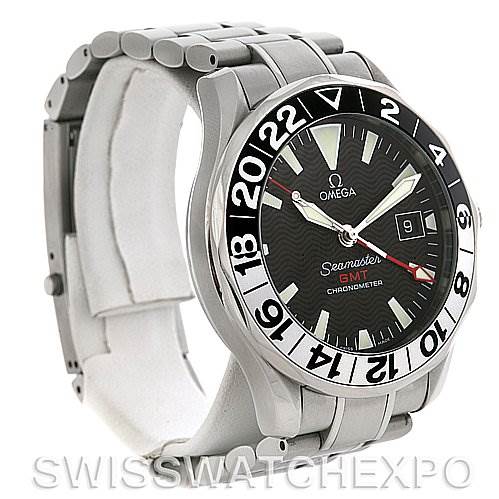 The image shows an angled view of an Omega Seamaster 2534.50 Men
s Stainless Steel Black Dial 2534.50 Men
s Stainless Steel Black Dial GMT Chronometer, highlighting its face, bezel, and part of the bracelet.