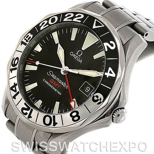 The image shows a front angled view of the Omega Seamaster 2534.50 Men
s Stainless Steel Black Dial 2534.50 Men
s Stainless Steel Black Dial GMT watch, highlighting its face, bezel, crown, and bracelet.