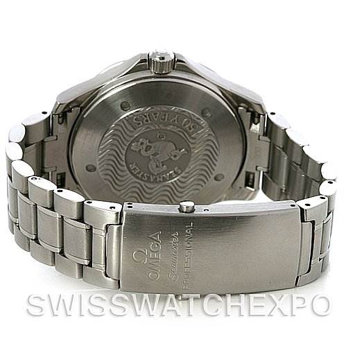 This image shows the back and clasp of an Omega Seamaster 2534.50 Men
s Stainless Steel Black Dial 2534.50 Men
s Stainless Steel Black Dial watch including the engraved case back and metal bracelet.