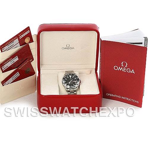 The image shows the Omega Seamaster 2534.50 Men
s Stainless Steel Black Dial 2534.50 Men
s Stainless Steel Black Dial watch in its box, accompanied by operating instructions and certification cards.