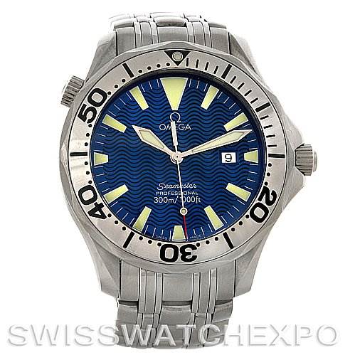The image shows a front view of an Omega Seamaster 2065.80 Men
s Stainless Steel Blue Dial 2065.80 Men
s Stainless Steel Blue Dial watch, displaying its blue dial, rotating bezel, and stainless steel bracelet.