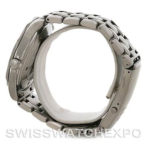 This image shows a side angle view of the Omega Seamaster 2065.80 Men
s Stainless Steel Blue Dial 2065.80 Men
s Stainless Steel Blue Dial watch, highlighting the bracelet, side of the case, and the crown.