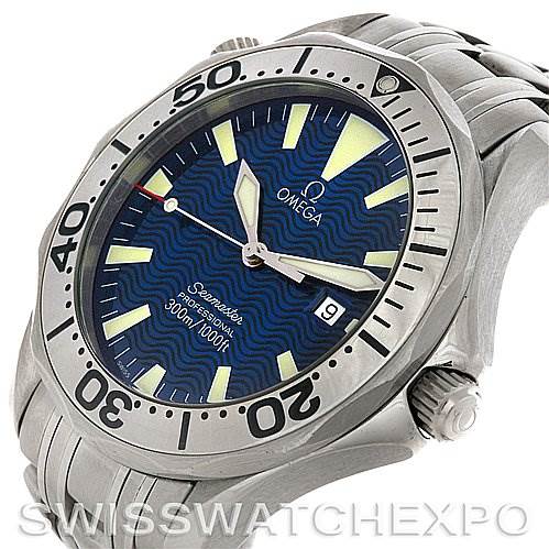 This image displays an angled view of an Omega Seamaster 2065.80 Men
s Stainless Steel Blue Dial 2065.80 Men
s Stainless Steel Blue Dial watch, highlighting its face, bezel, crown, and part of the bracelet.