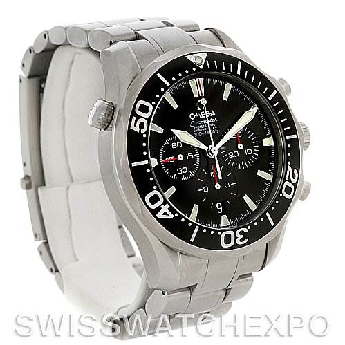 The image shows an Omega Seamaster 2594.52 Men's Stainless Steel Black Dial 2594.52 Men's Stainless Steel Black Dial watch at a three-quarter angle, highlighting its face, bezel, and bracelet.