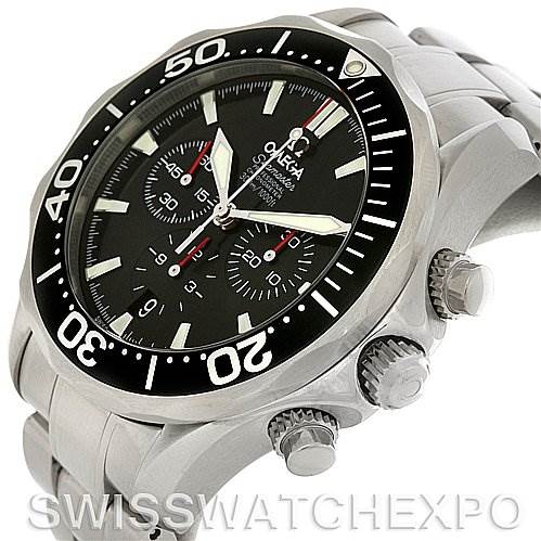 The image displays an angled view of an Omega Seamaster 2594.52 Men's Stainless Steel Black Dial 2594.52 Men's Stainless Steel Black Dial watch, showing the face, bezel, and crown.