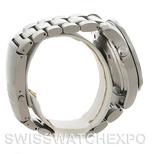 The image shows a side view of an Omega Seamaster 2594.52 Men's Stainless Steel Black Dial 2594.52 Men's Stainless Steel Black Dial watch highlighting the bracelet, case, and crown.