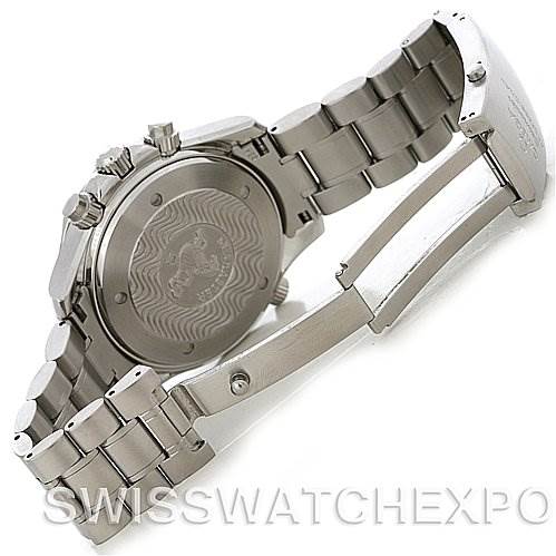 The image shows the back case and bracelet of an Omega Seamaster 2594.52 Men's Stainless Steel Black Dial 2594.52 Men's Stainless Steel Black Dial watch from an angled side view.