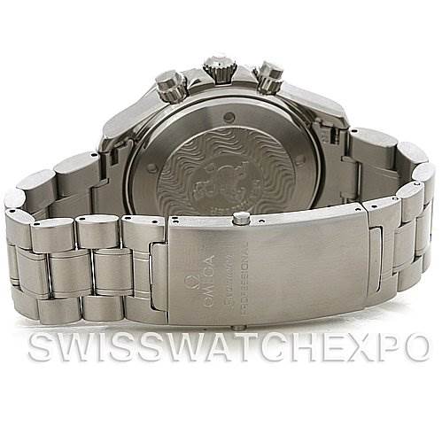 This image shows the Omega Seamaster 2594.52 Men's Stainless Steel Black Dial 2594.52 Men's Stainless Steel Black Dial watch from a rear angle, highlighting the case back and stainless steel bracelet.