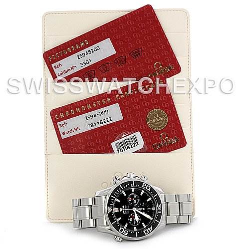 The image shows an Omega Seamaster 2594.52 Men's Stainless Steel Black Dial 2594.52 Men's Stainless Steel Black Dial watch from the front with two red warranty cards and a beige cardholder in the background.