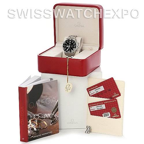 The image shows an Omega Seamaster 2594.52 Men's Stainless Steel Black Dial 2594.52 Men's Stainless Steel Black Dial watch in its box, accompanied by an operating manual and certification cards.