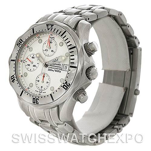 The image shows an angled side view of the Omega Seamaster 2598.20.00 Men's Stainless Steel White Dial 2598.20.00 Men's Stainless Steel White Dial watch, highlighting the face, bezel, crown, pushers, and bracelet.