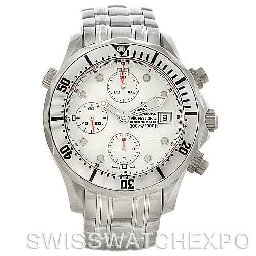 The image shows a front-facing view of an Omega Seamaster 2598.20.00 Men's Stainless Steel White Dial 2598.20.00 Men's Stainless Steel White Dial watch, highlighting the dial, bezel, subdials, and bracelet.