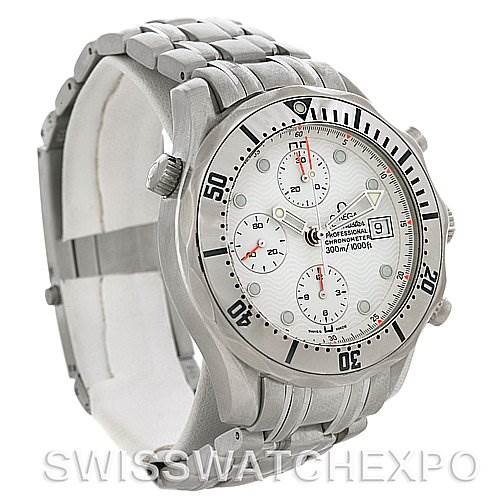 The watch, an Omega Seamaster 2598.20.00 Men's Stainless Steel White Dial 2598.20.00 Men's Stainless Steel White Dial model, is shown at a slight angle showcasing the face, band, and side buttons.