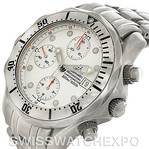 The image shows a close-up of the Omega Seamaster 2598.20.00 Men's Stainless Steel White Dial 2598.20.00 Men's Stainless Steel White Dial watch at an angle that highlights its face, bezel, and pushers.