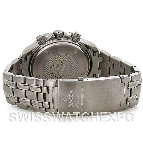 The image shows the back case and metal bracelet of an Omega Seamaster 2598.20.00 Men's Stainless Steel White Dial 2598.20.00 Men's Stainless Steel White Dial watch, highlighting the clasp and engravings.