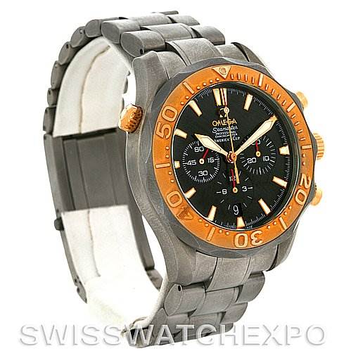 The image shows a partial side and front view of an Omega Seamaster 2294.50.00 Men's Titanium Black Dial 2294.50.00 Men's Titanium Black Dial watch with a stainless steel bracelet and orange bezel.