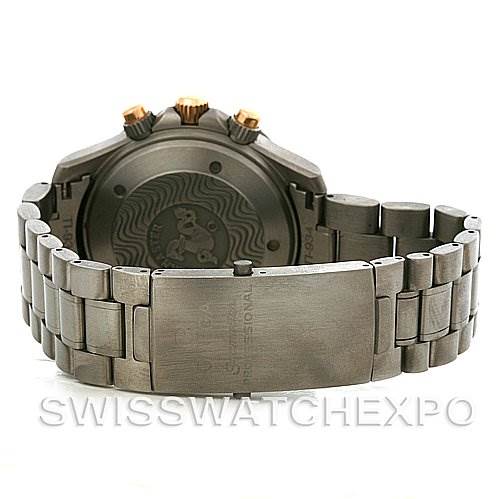 The image shows the back and bracelet of an Omega Seamaster 2294.50.00 Men's Titanium Black Dial 2294.50.00 Men's Titanium Black Dial watch, highlighting the clasp and case back engravings.