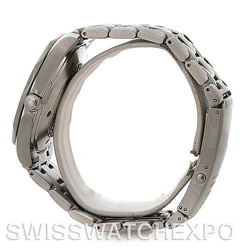 The image shows a side view of the Omega Seamaster 2531.80 Men
s Stainless Steel Blue Dial 2531.80 Men
s Stainless Steel Blue Dial watch, focusing on the bracelet and crown.