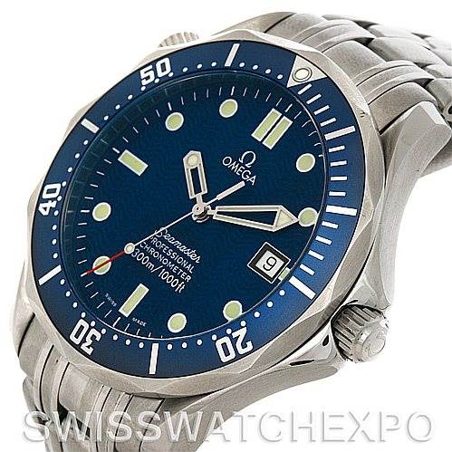 The image shows an Omega Seamaster 2531.80 Men
s Stainless Steel Blue Dial 2531.80 Men
s Stainless Steel Blue Dial watch from an angled view, highlighting the blue dial, bezel, crown, and metal bracelet.