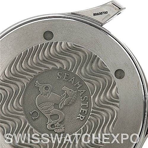 This image shows a close-up of the case back of an Omega Seamaster 2531.80 Men
s Stainless Steel Blue Dial 2531.80 Men
s Stainless Steel Blue Dial watch.