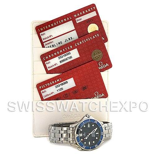 The image shows an Omega Seamaster 2531.80 Men
s Stainless Steel Blue Dial 2531.80 Men
s Stainless Steel Blue Dial watch positioned below its international warranty, chronometer certificate, and pictogram cards.
