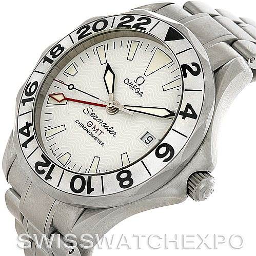 The image shows an Omega Seamaster 2538.20.00 Men
s Stainless Steel White Dial 2538.20.00 Men
s Stainless Steel White Dial GMT chronometer from an oblique angle, highlighting the face, bezel, and crown.