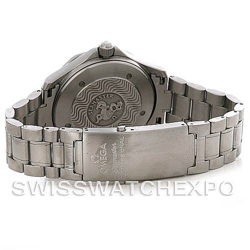 The Omega Seamaster 2538.20.00 Men
s Stainless Steel White Dial 2538.20.00 Men
s Stainless Steel White Dial watch is shown from the back, highlighting its case back and stainless steel bracelet.