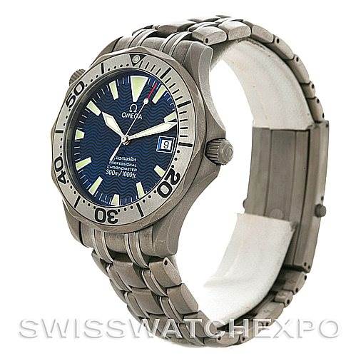 The image shows an Omega Seamaster 2232.80.00 Men
s Titanium Blue Dial 2232.80.00 Men
s Titanium Blue Dial watch from an angled view, highlighting the face, bezel, crown, and bracelet.