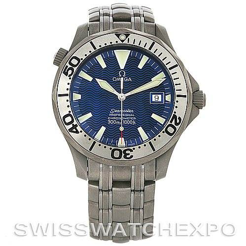 The Omega Seamaster 2232.80.00 Men
s Titanium Blue Dial 2232.80.00 Men
s Titanium Blue Dial watch is shown from the front, displaying its dial, bezel, bracelet, and date indicator.