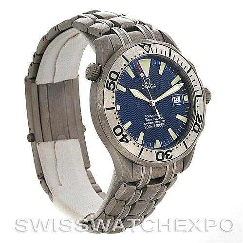 The image shows a side profile of an Omega Seamaster 2232.80.00 Men
s Titanium Blue Dial 2232.80.00 Men
s Titanium Blue Dial watch featuring its bezel, dial, and bracelet.