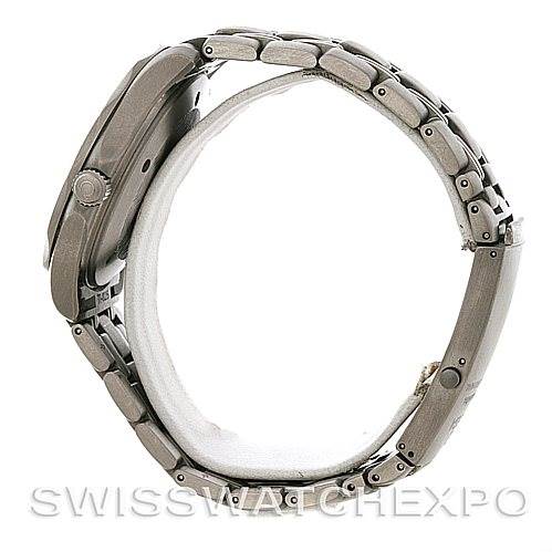 The image shows a side view of an Omega Seamaster 2232.80.00 Men
s Titanium Blue Dial 2232.80.00 Men
s Titanium Blue Dial watch, highlighting its case, crown, and bracelet.