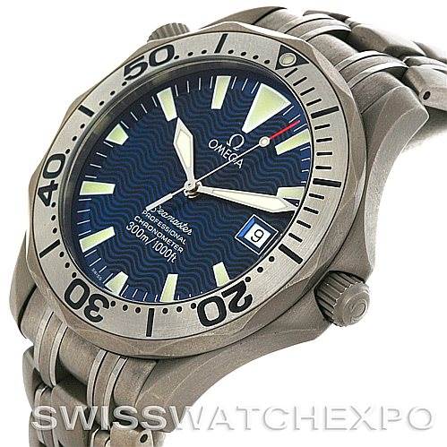 The image shows the Omega Seamaster 2232.80.00 Men
s Titanium Blue Dial 2232.80.00 Men
s Titanium Blue Dial watch at an angled front view, highlighting the watch face, bezel, and part of the metal bracelet.
