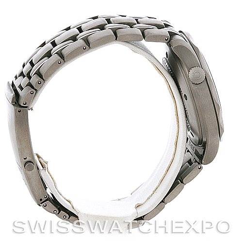 This image shows a side view of the Omega Seamaster 2232.80.00 Men
s Titanium Blue Dial 2232.80.00 Men
s Titanium Blue Dial watch, highlighting the bracelet, case, and crown.